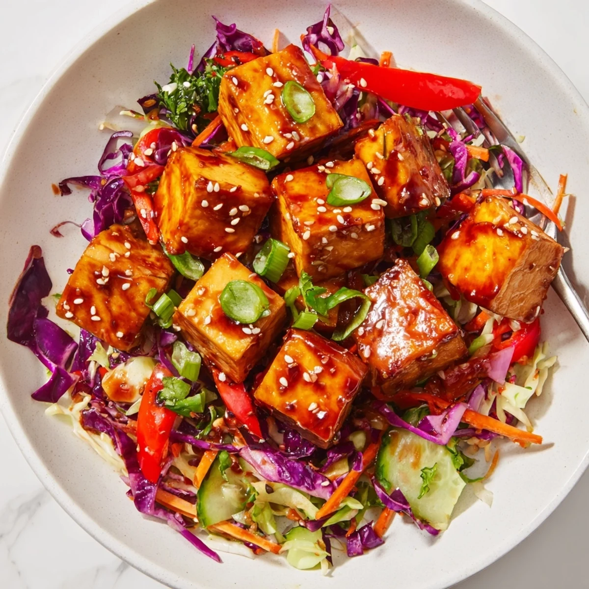 Bowl of Crispy Chili Garlic Tofu With Sesame Rainbow Slaw, spicy-sweet, sesame-sprinkled.