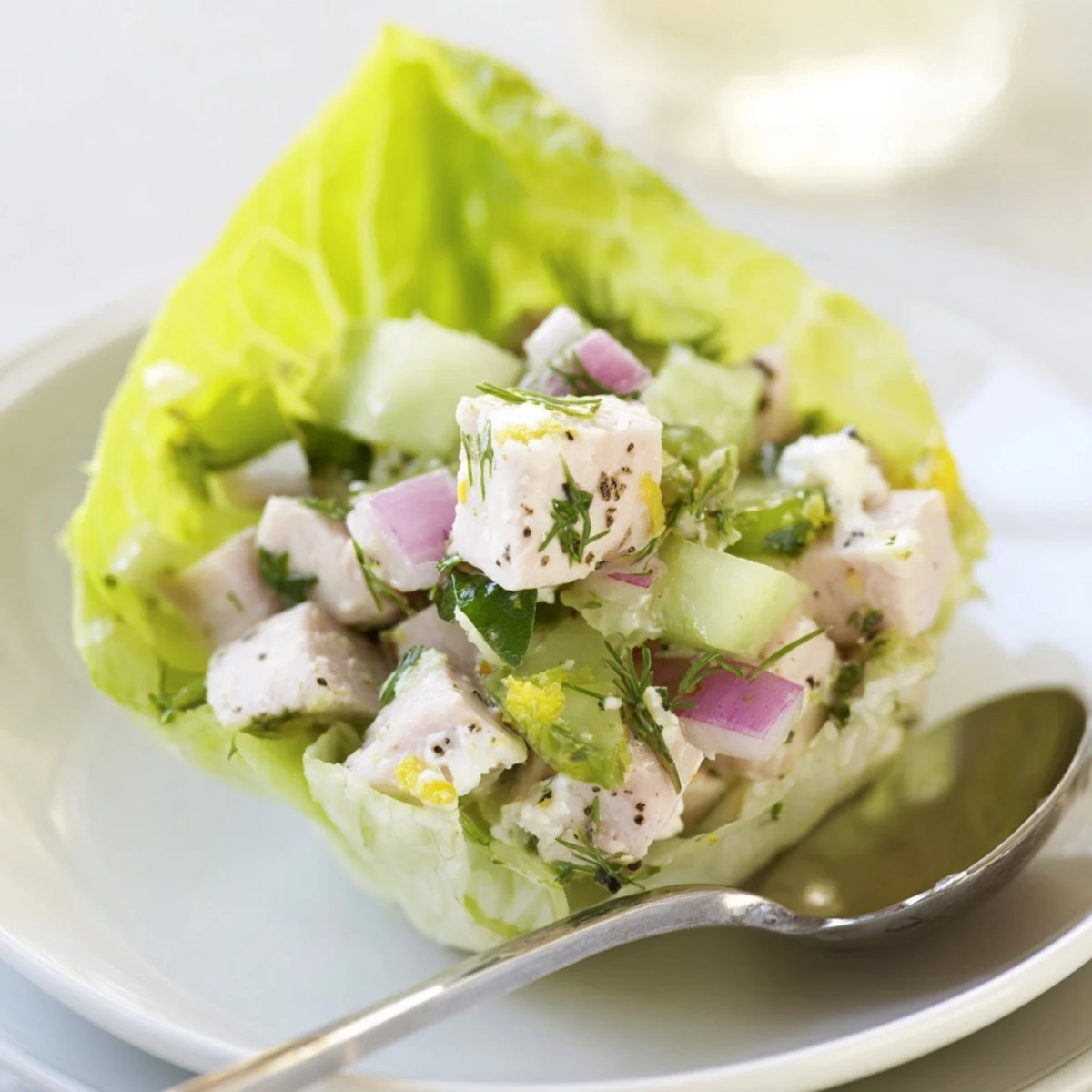 Cottage Cheese Lemon Herb Turkey Salad Cups served in crisp butter lettuce for lunch