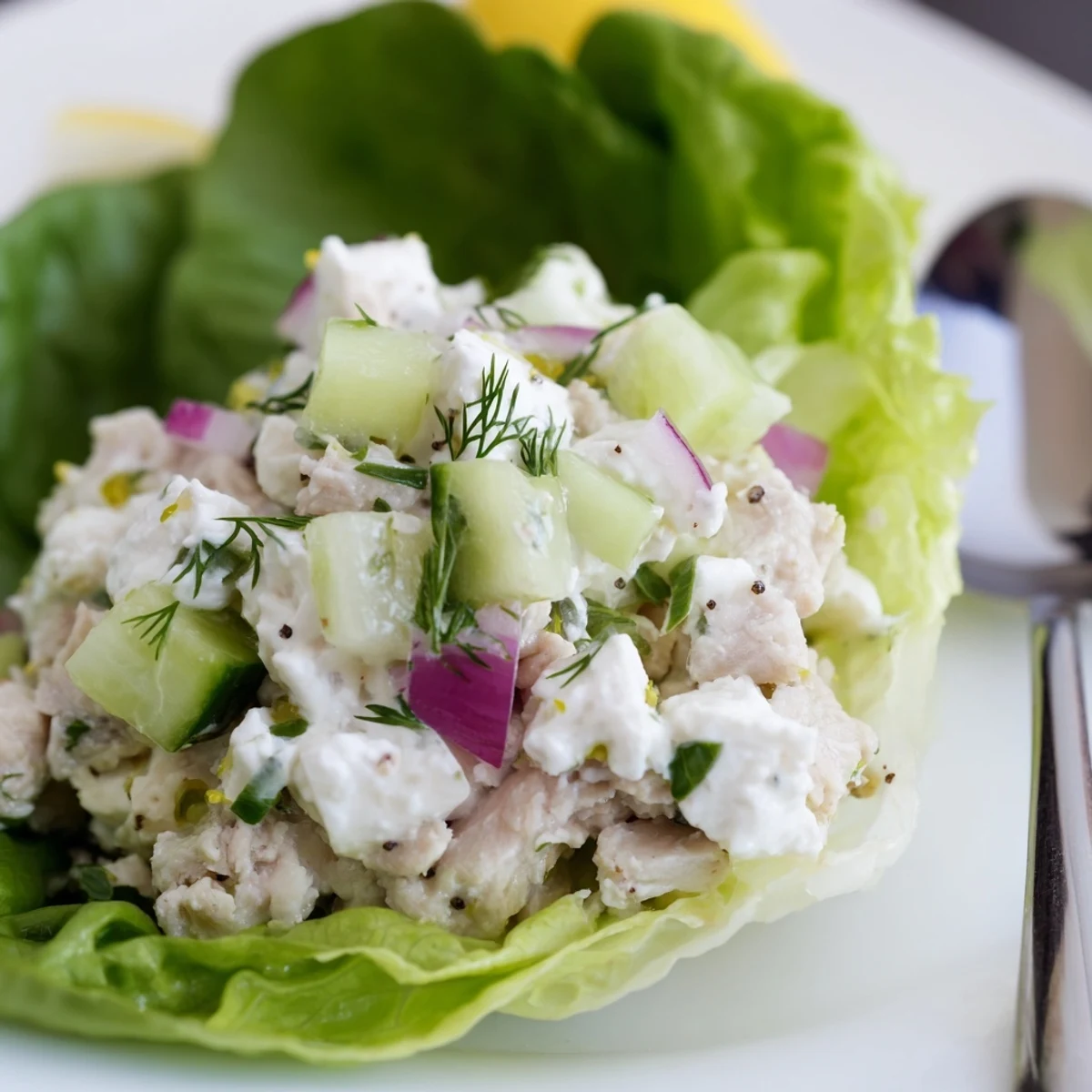 Cottage Cheese Lemon Herb Turkey Salad Cups with zesty lemon, fresh dill garnish