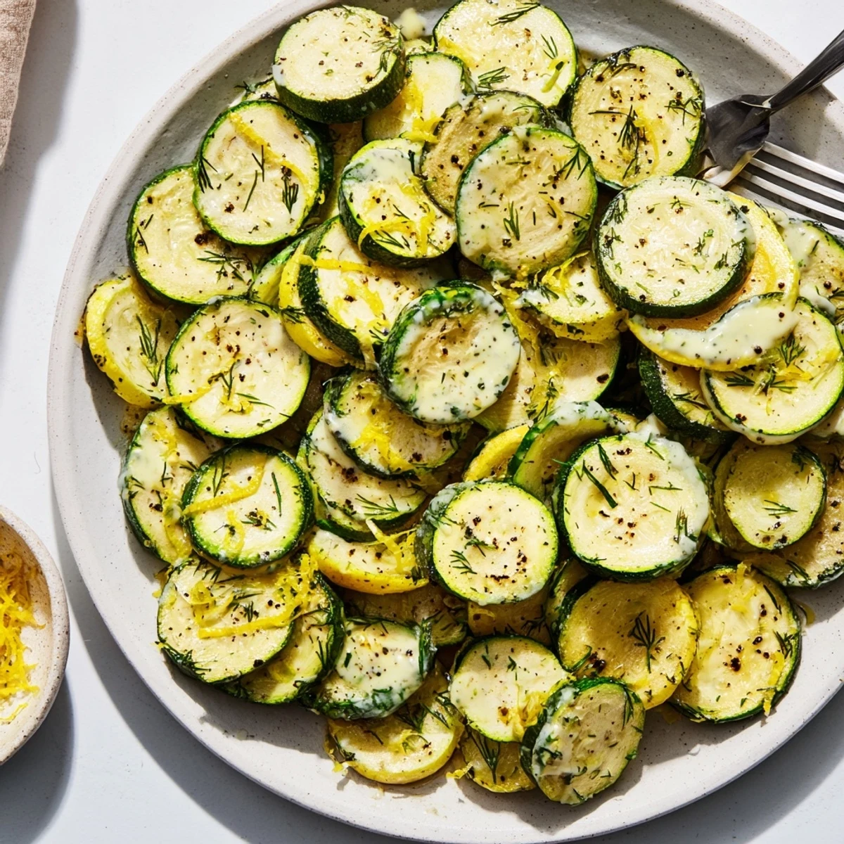 Roasted Zucchini With Lemon Dill Tahini Drizzle on platter, golden, fragrant.