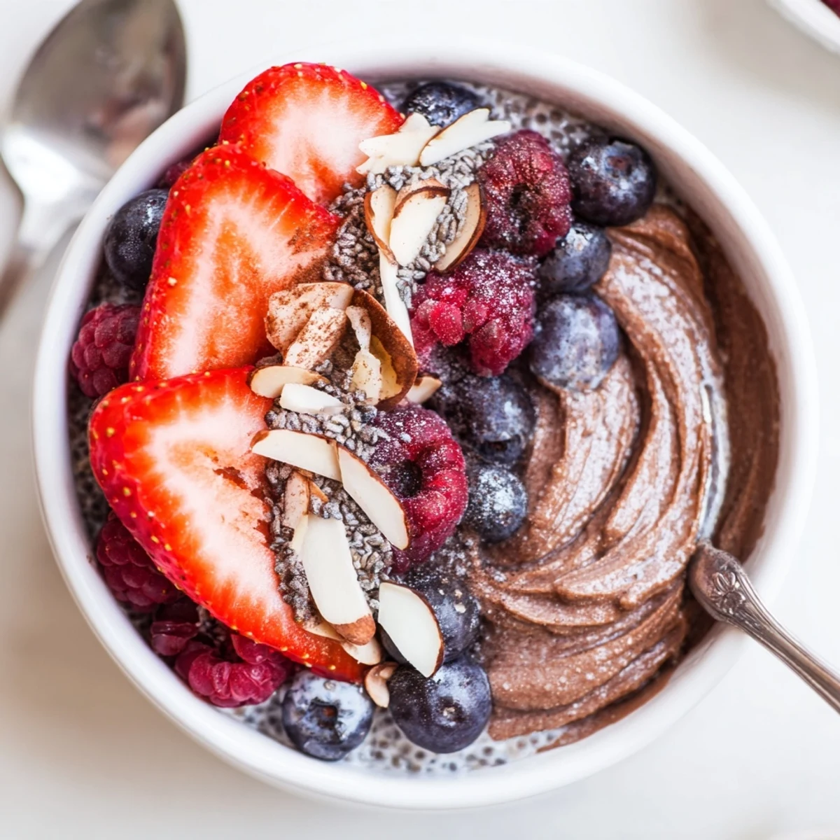 Chocolate Almond Berry Protein Chia Cream in jar, layered, creamy, topped with berries