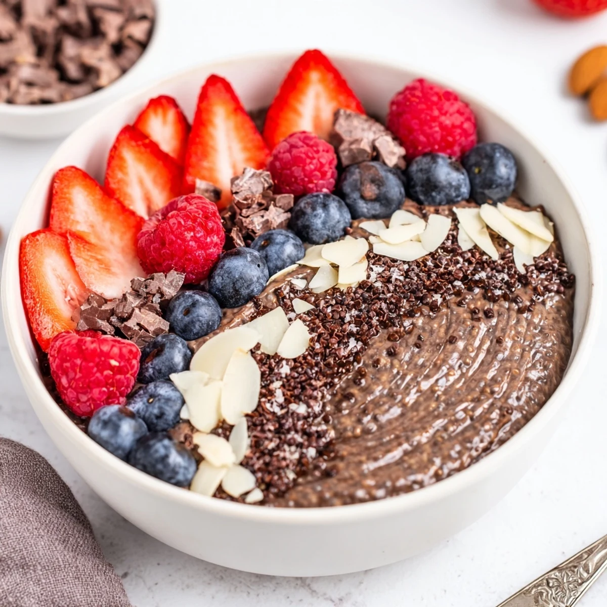 Breakfast parfait: Chocolate Almond Berry Protein Chia Cream chilled, tangy berries, almond crunch