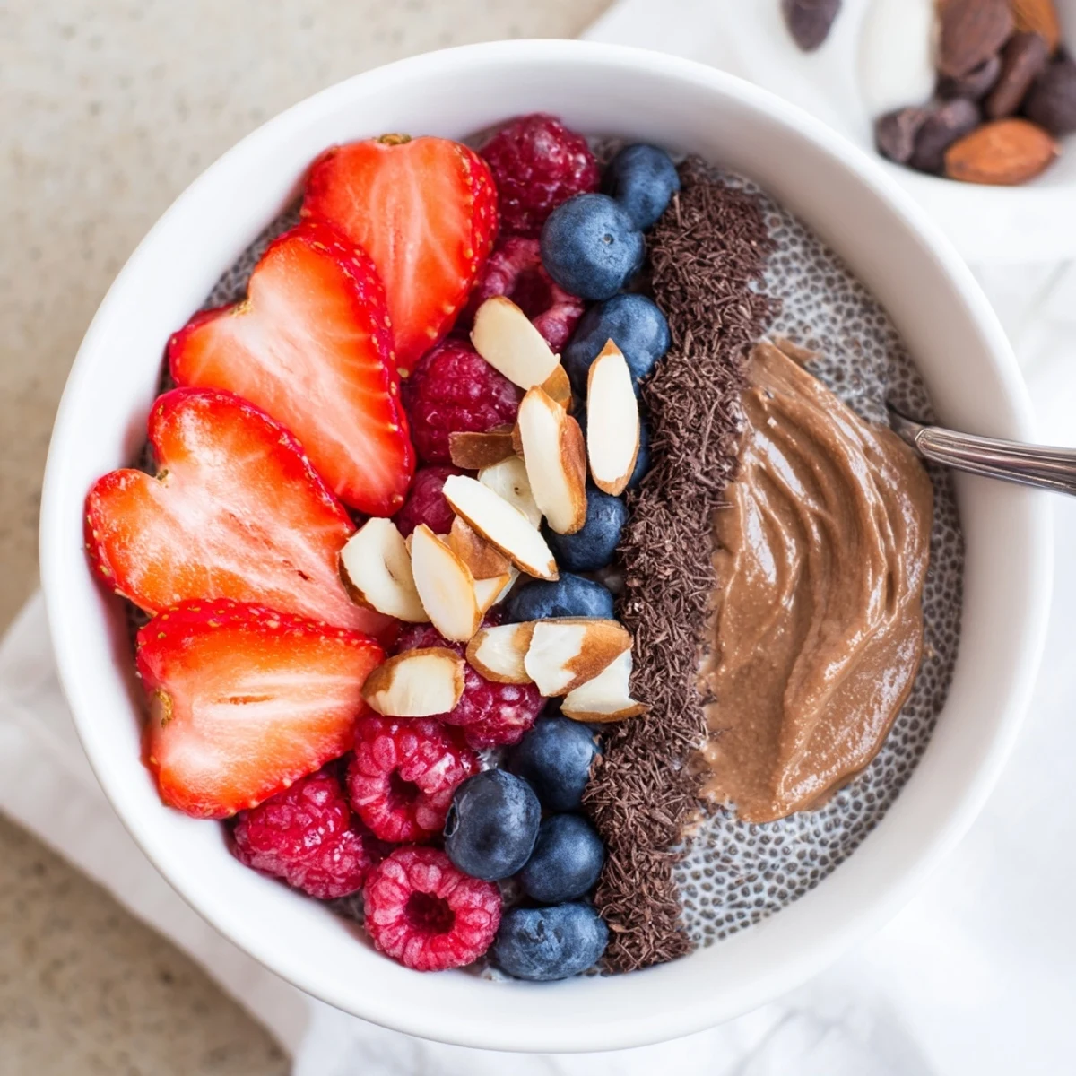 Spoon ready Chocolate Almond Berry Protein Chia Cream with silky chocolate, crunchy almonds