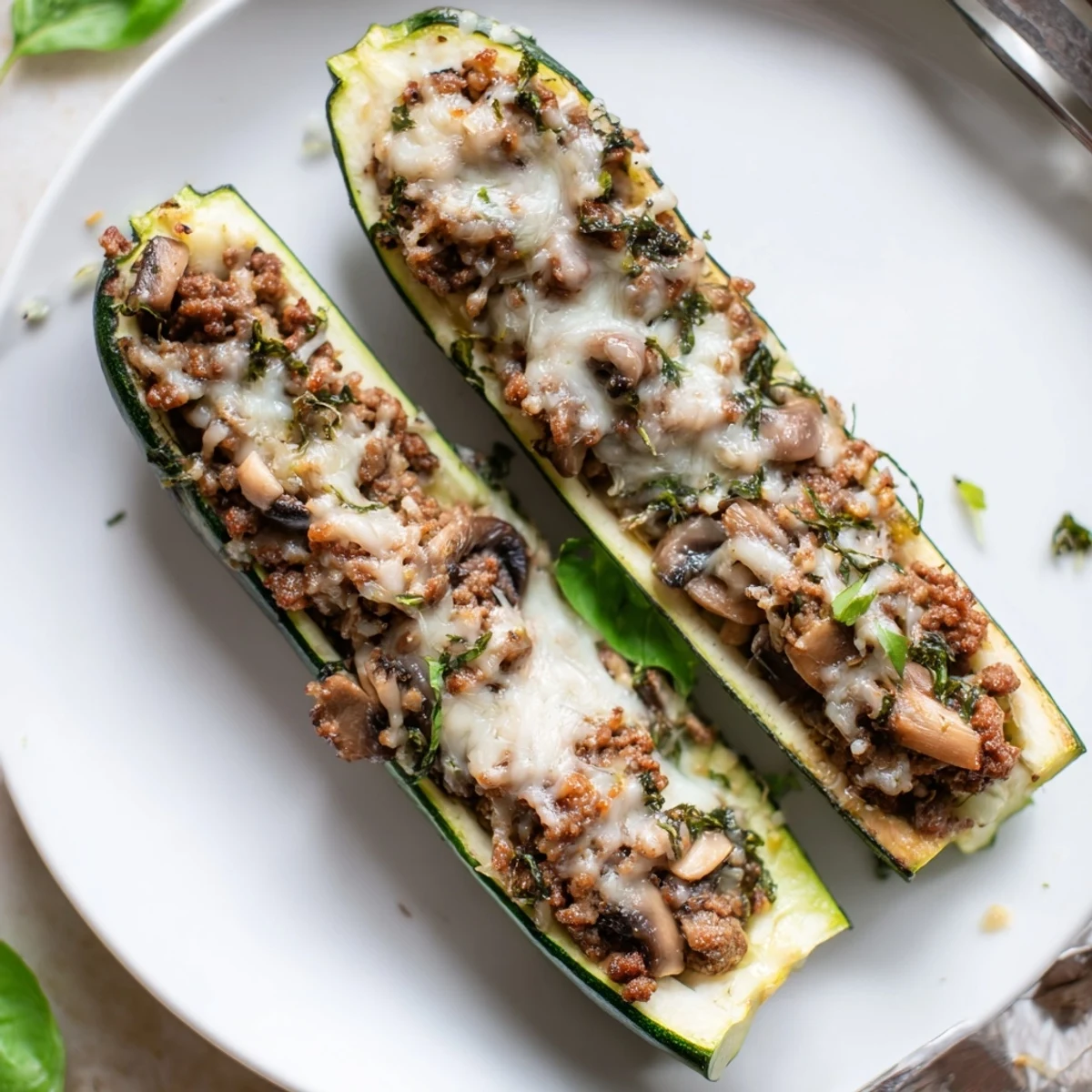 Freshly baked Pesto Turkey and Mushroom Zucchini Boats with melted golden mozzarella