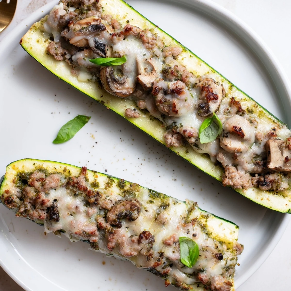 Close-up of Pesto Turkey and Mushroom Zucchini Boats steaming, fragrant basil garnish