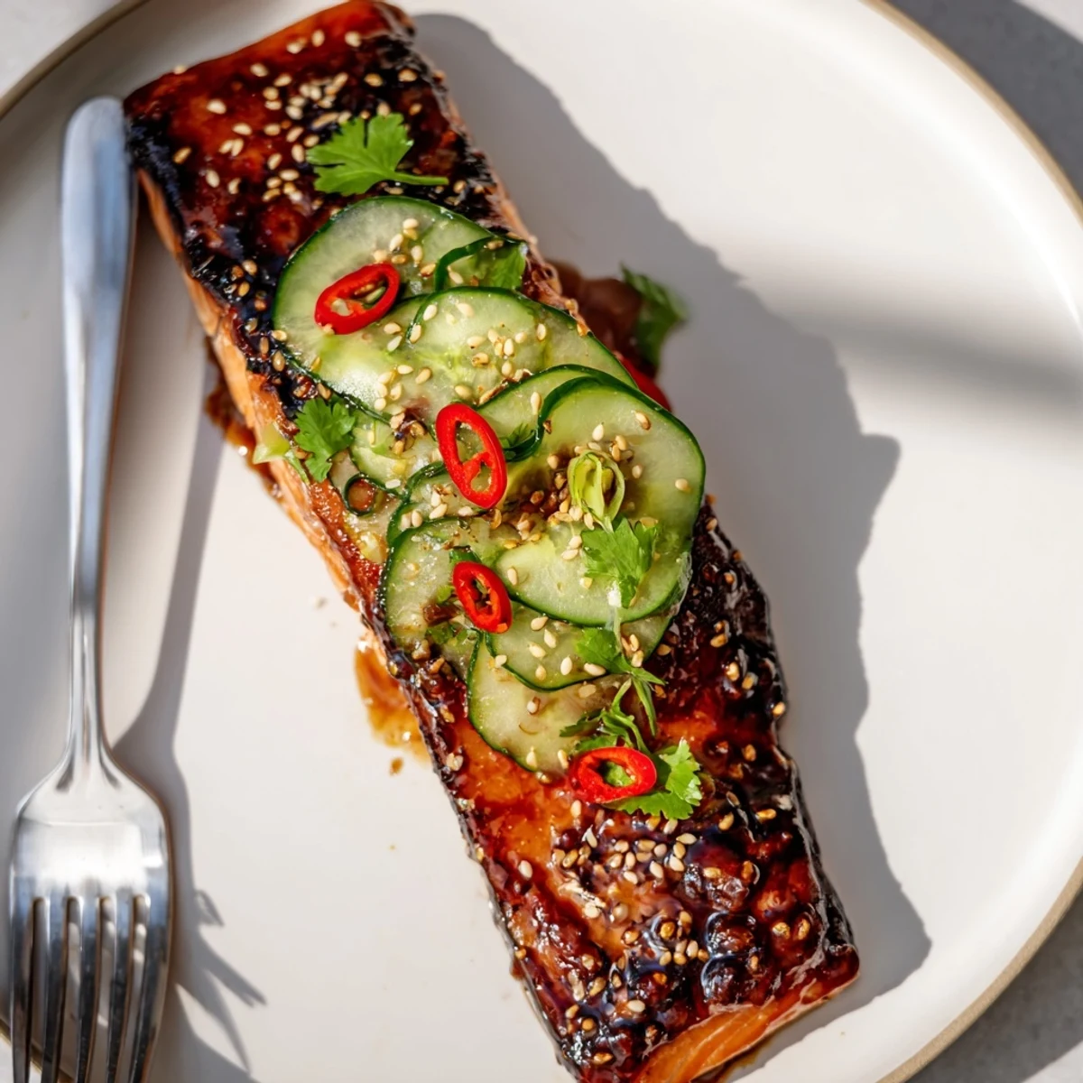 Roasted Miso Ginger Salmon With Sesame Cucumber Crunch over steaming jasmine rice  
