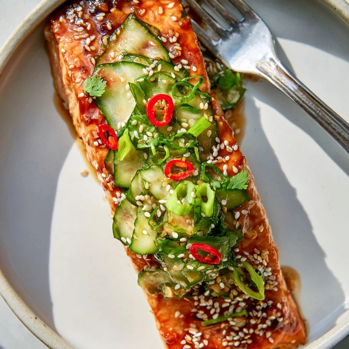 Miso Ginger Salmon With Sesame Cucumber Crunch, caramelized glaze and bright lime  