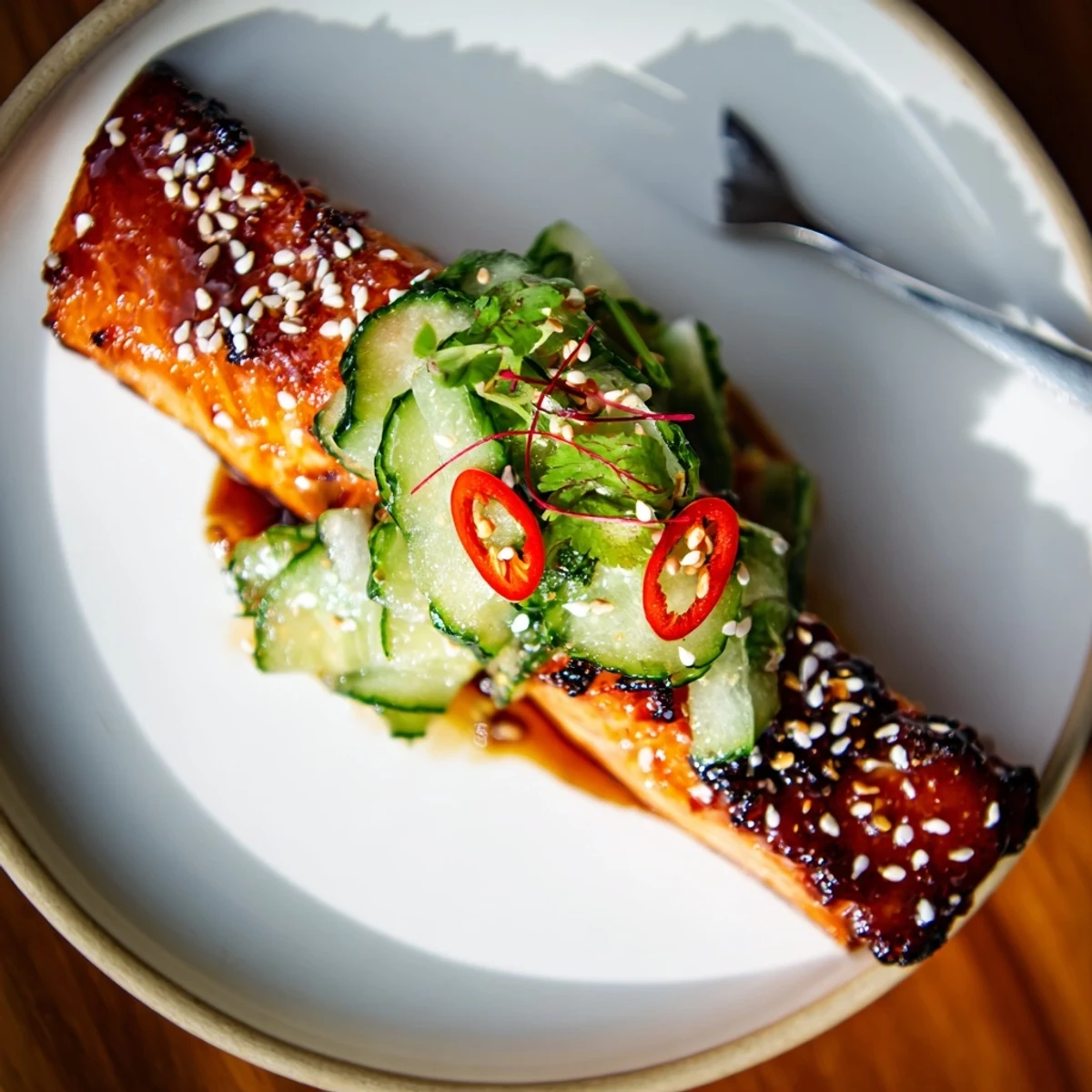Baked Miso Ginger Salmon With Sesame Cucumber Crunch garnished with cilantro and lime