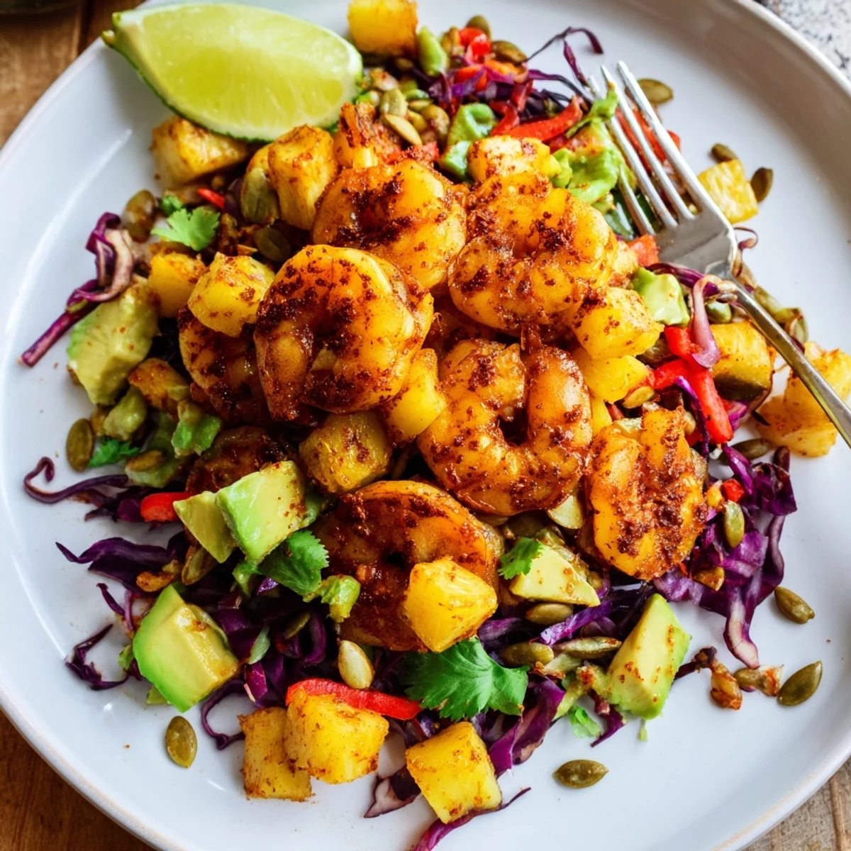 Caramelized Spicy Pineapple Shrimp With Lime Avocado Crunch atop crisp romaine