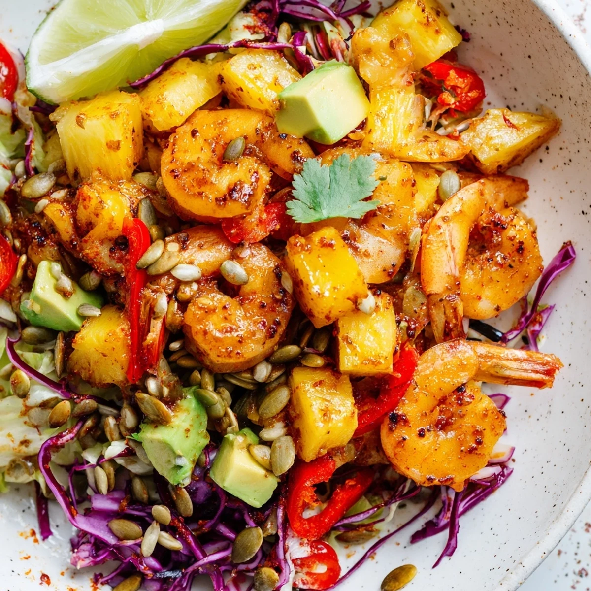Bright, tangy Spicy Pineapple Shrimp With Lime Avocado Crunch drizzled with lime juice