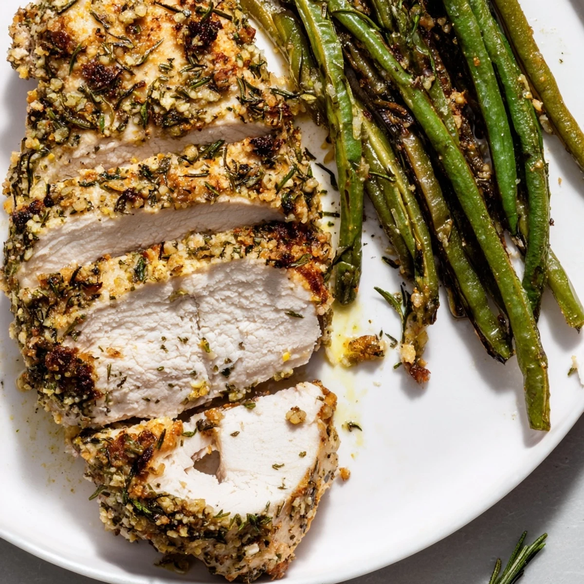 Garlic Herb Chicken With Roasted Green Beans, juicy breasts and bright lemon zest  