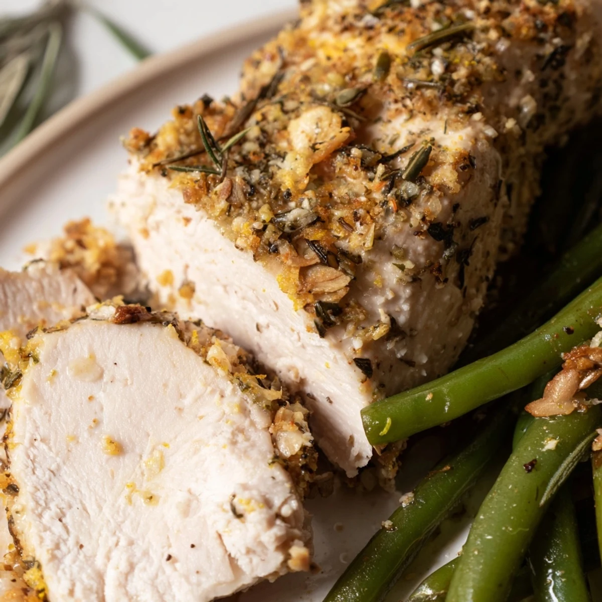 Weeknight Garlic Herb Chicken With Roasted Green Beans plated with lemon wedge, steaming
