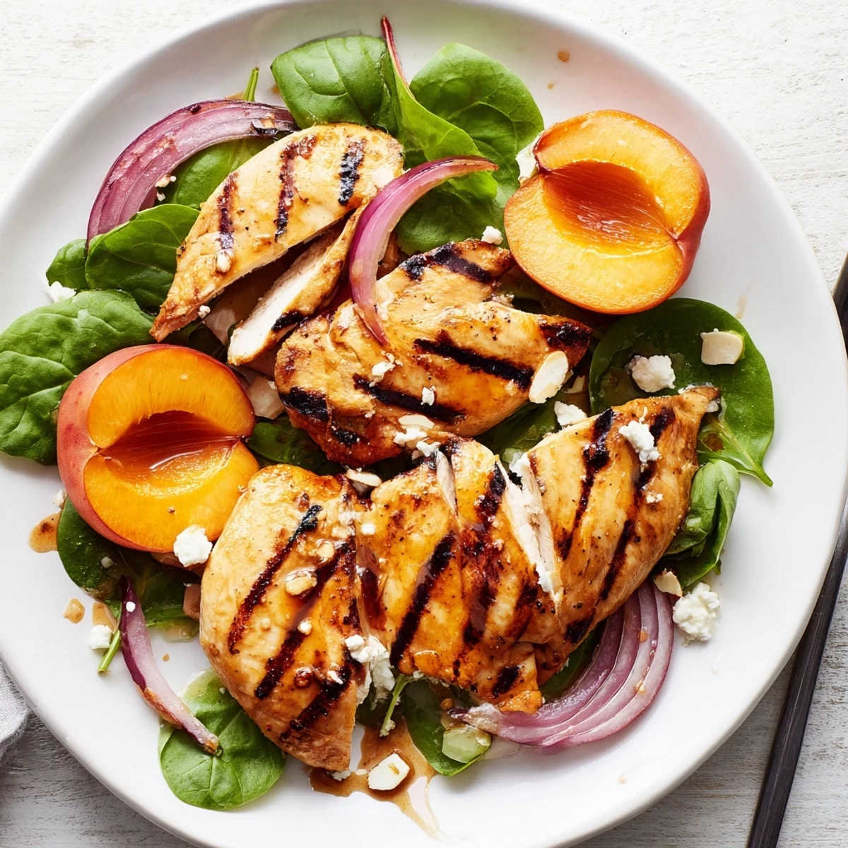 Grilled Apricot and Spinach Chicken Salad with Basil, juicy apricots and tangy feta