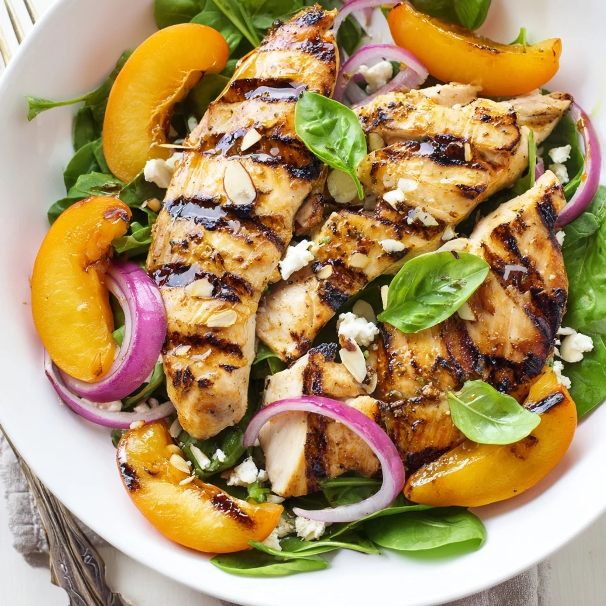 Charred apricots and sliced chicken in Grilled Apricot and Spinach Chicken Salad with Basil
