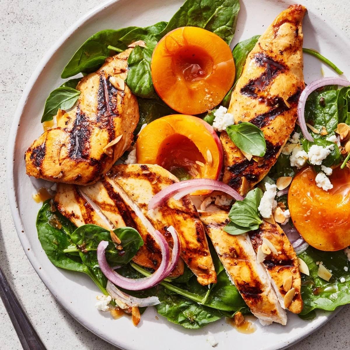 Toasted almonds and honey-balsamic drizzle on Grilled Apricot and Spinach Chicken Salad with Basil
