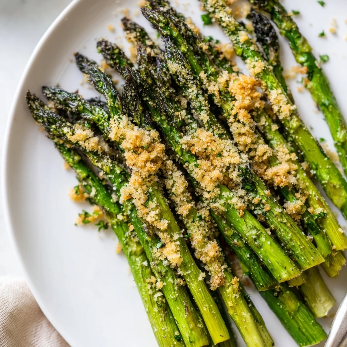 Roasted Asparagus With Garlic Herb Crunch, crisp-tender spears topped with golden crumbs