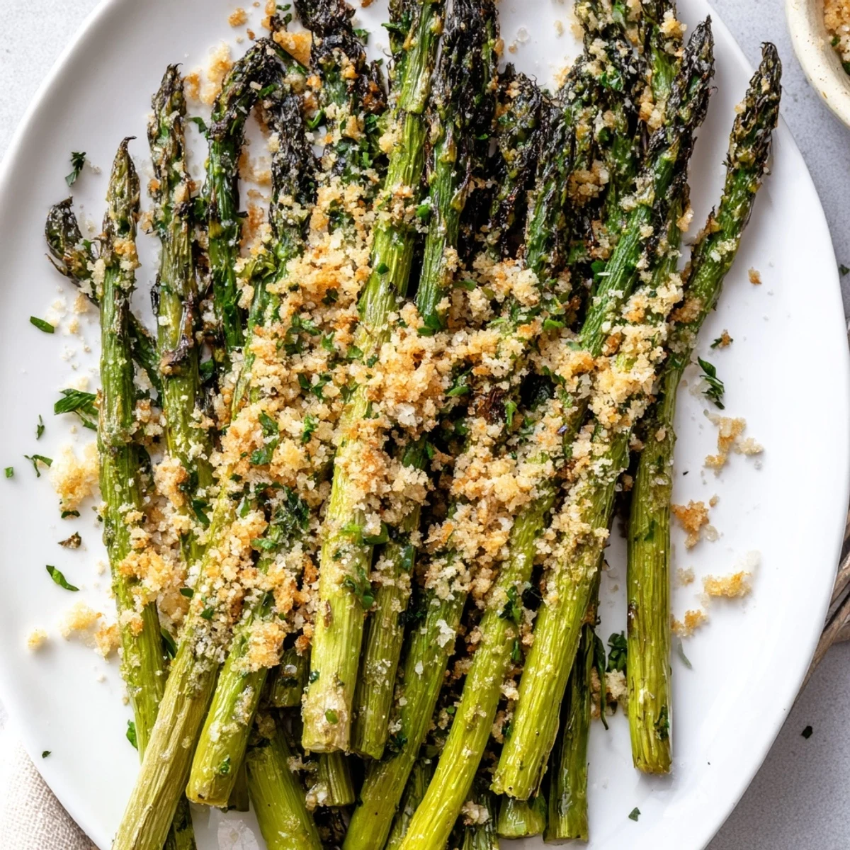 Bright green Roasted Asparagus With Garlic Herb Crunch, aromatic garlic and fresh parsley