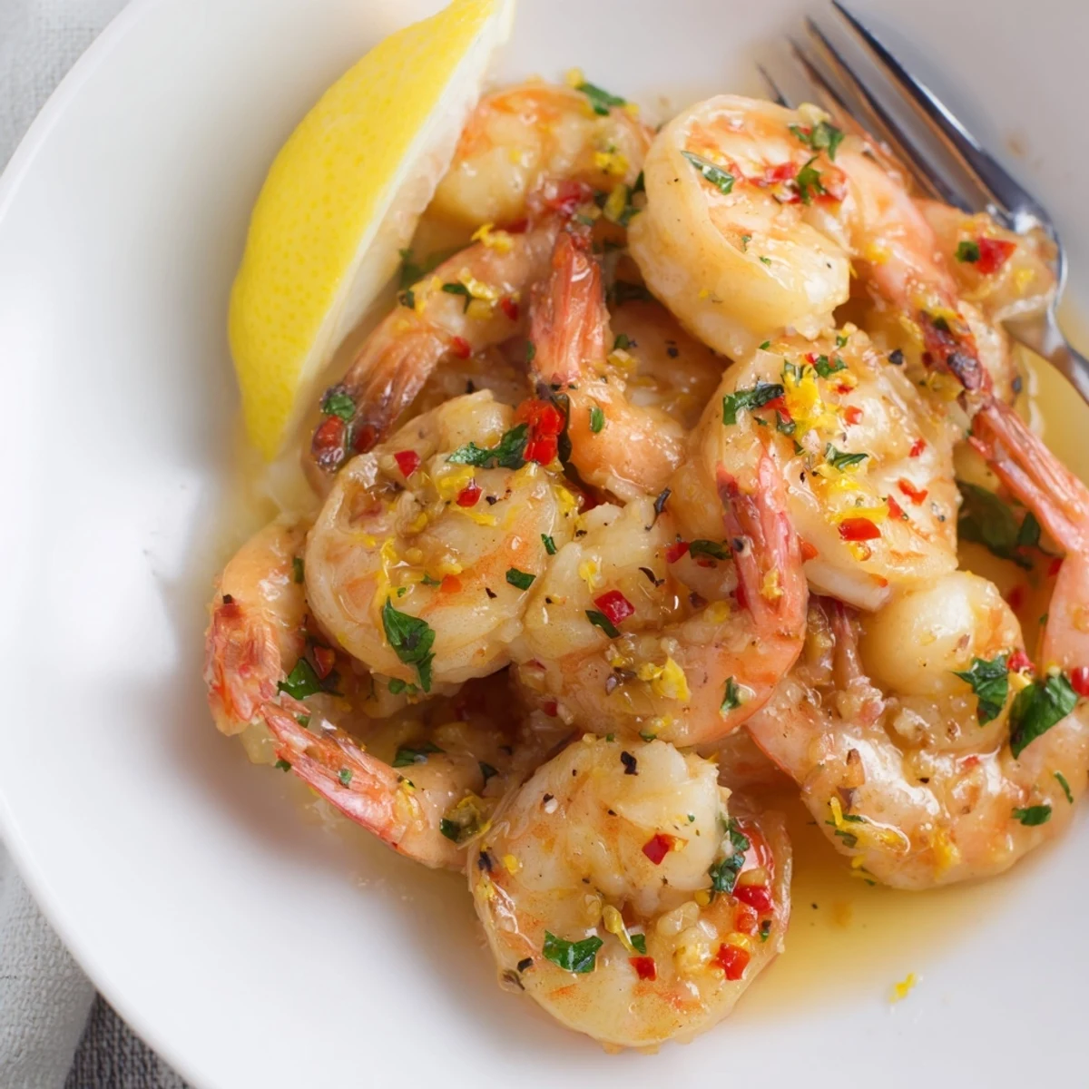 Lemon Chili Glazed Shrimp Skillet sizzling in pan, glossy glaze, lemon wedges.