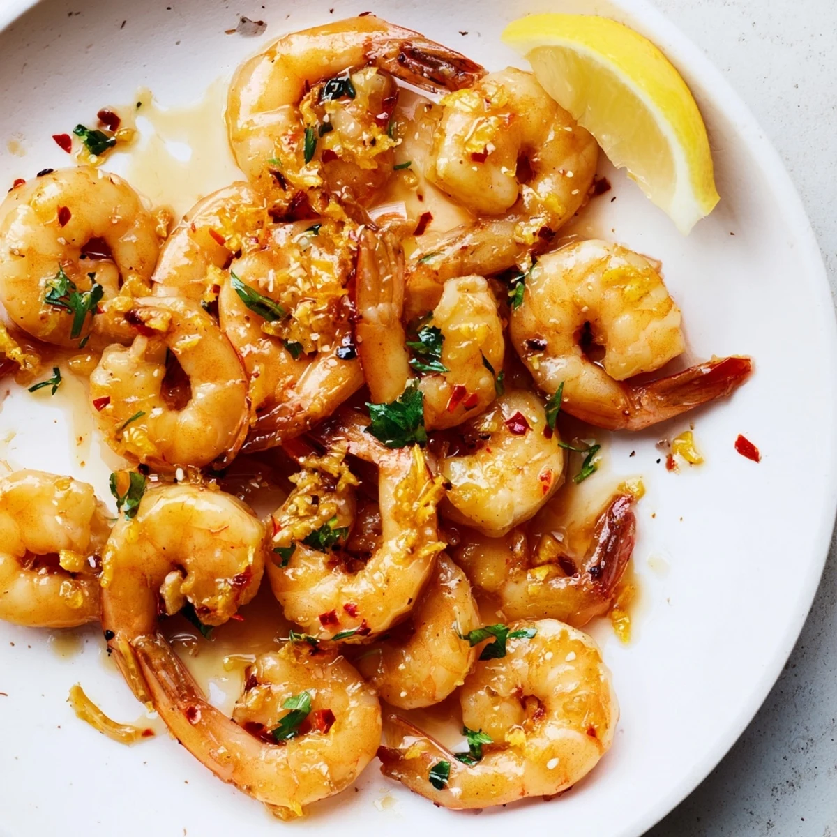 Bright Lemon Chili Glazed Shrimp Skillet tossed with herbs, honeyed citrus sheen.