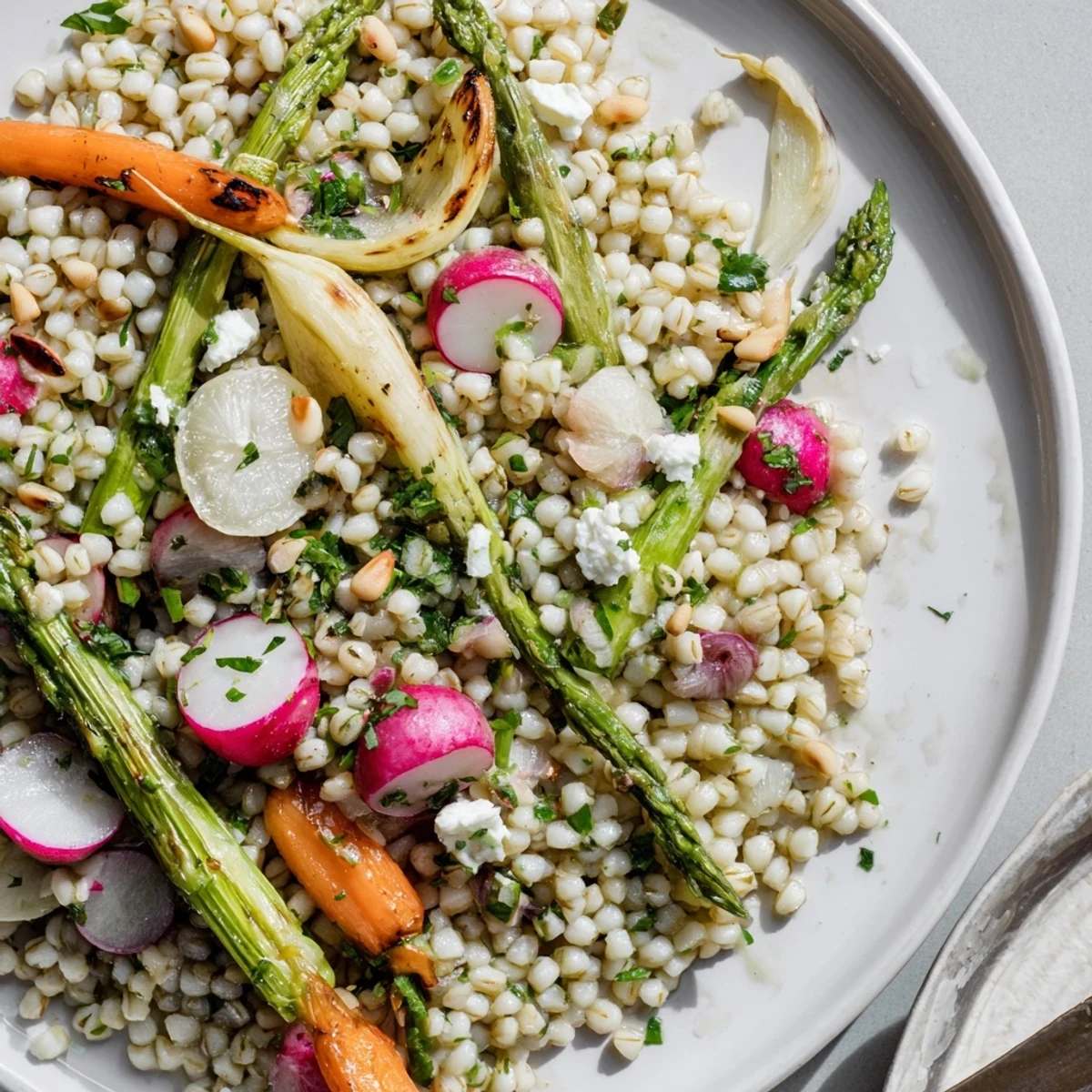 Warm Barley and Roasted Spring Vegetable Salad steaming with lemon-herb dressing and feta