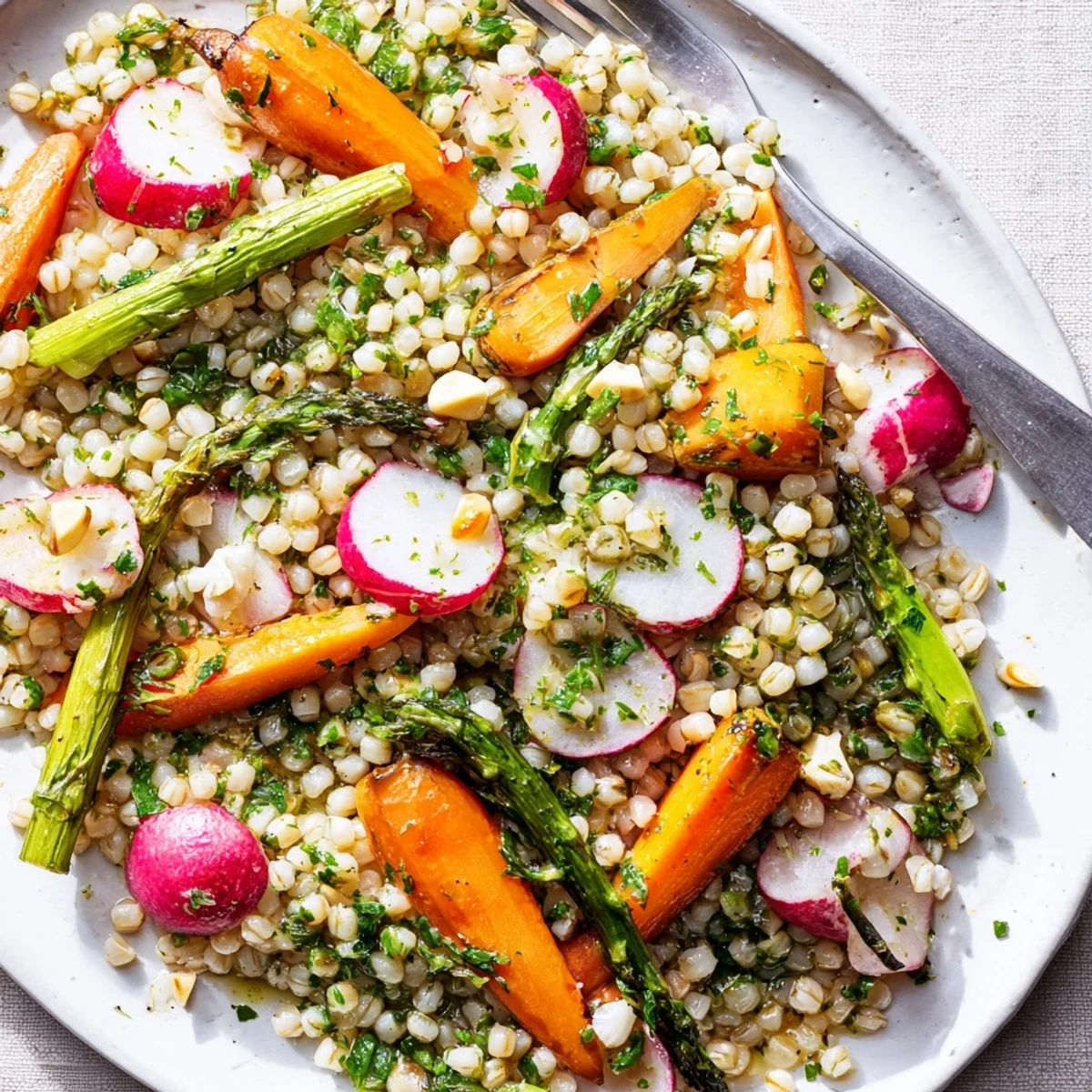 Bright lemony dressing coats the Warm Barley and Roasted Spring Vegetable Salad
