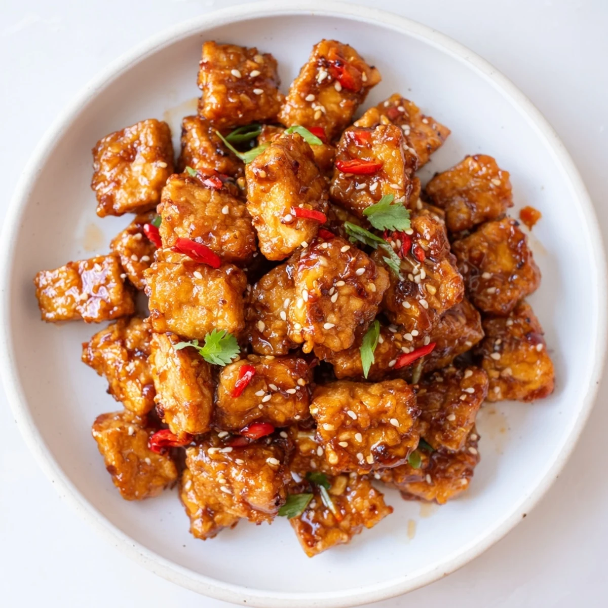 Crispy Chili Garlic Tempeh Bites piled on rice, glossy spicy sesame glaze