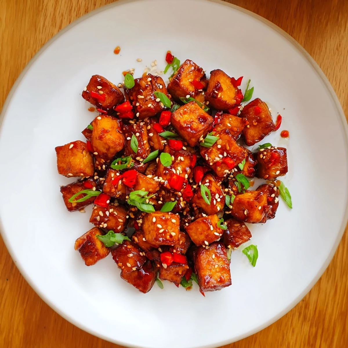Crispy Chili Garlic Tempeh Bites served in lettuce wraps, crunchy, tangy