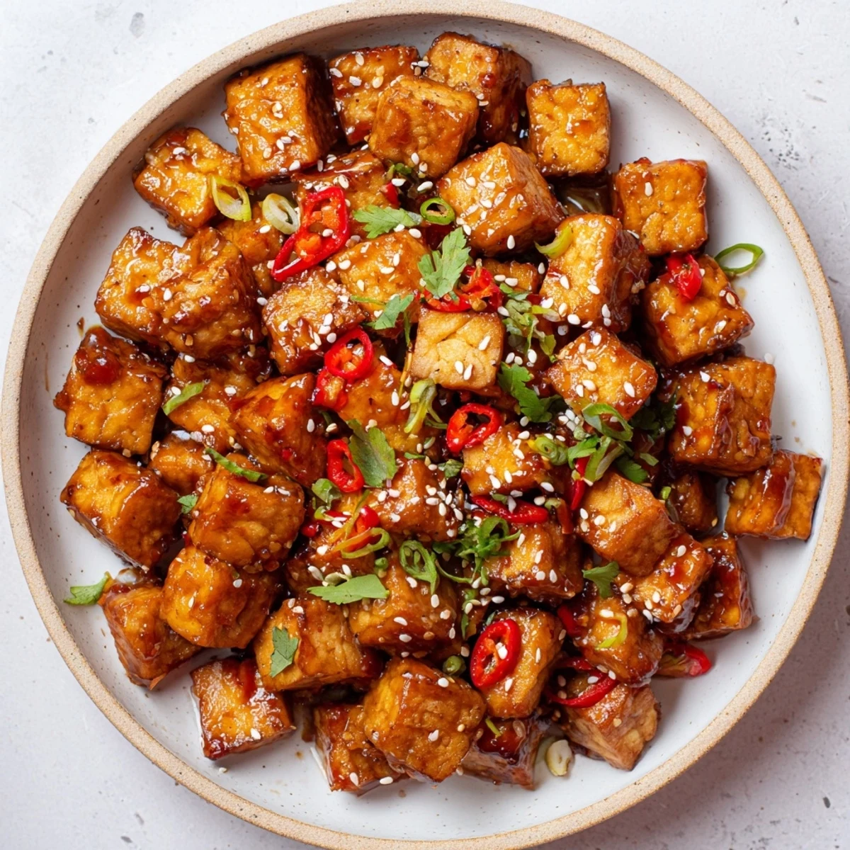Skillet of Crispy Chili Garlic Tempeh Bites, golden cubes steaming, scallions