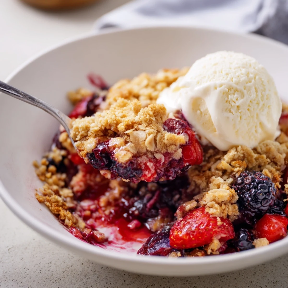 Vanilla Coconut Berry Crumble served warm with melting vanilla ice cream