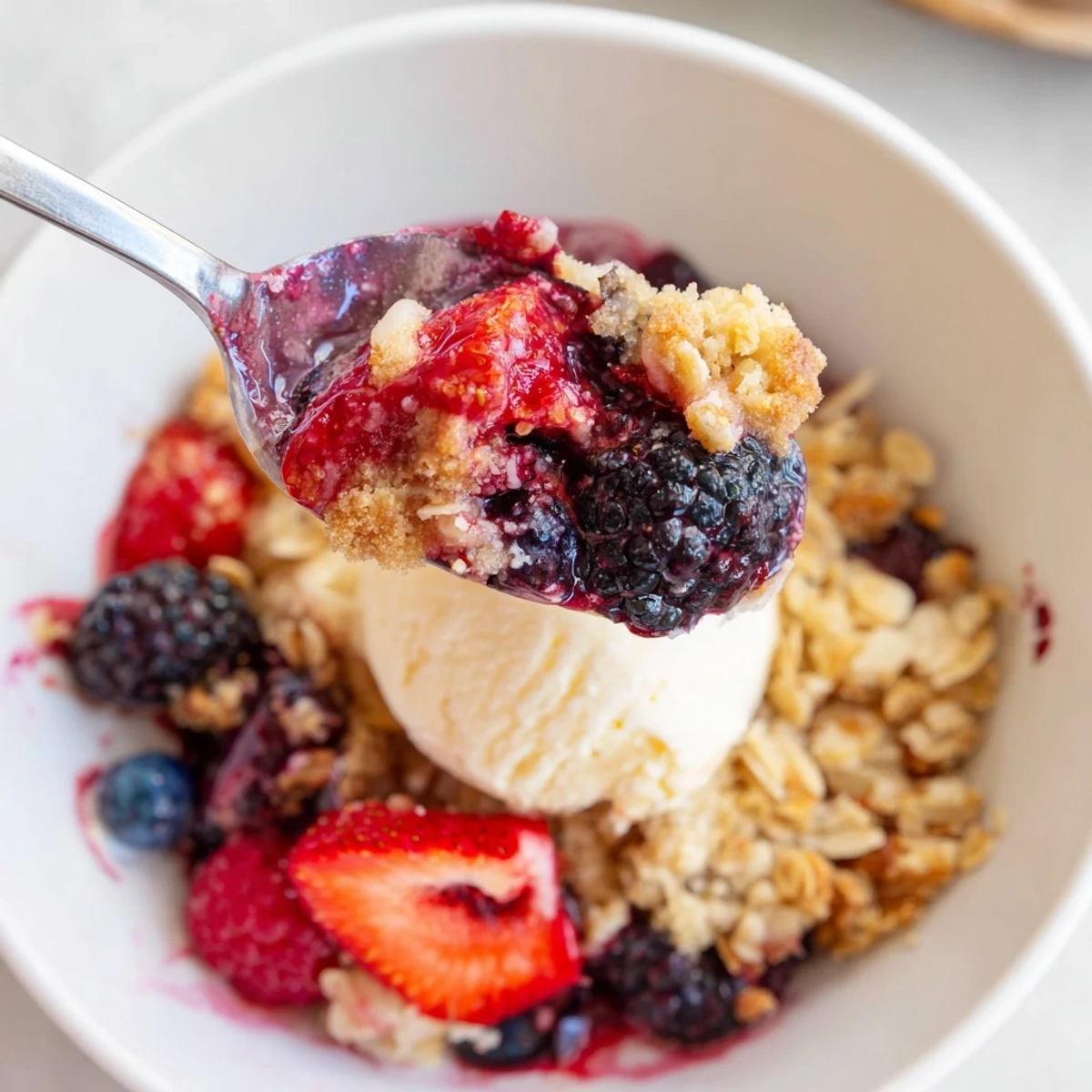 Golden Vanilla Coconut Berry Crumble bubbling with glossy berries and crisp topping