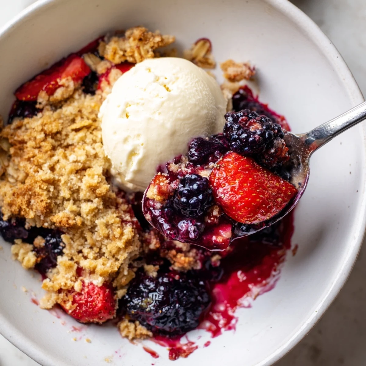 Rustic Vanilla Coconut Berry Crumble with toasted coconut flakes and steaming juices