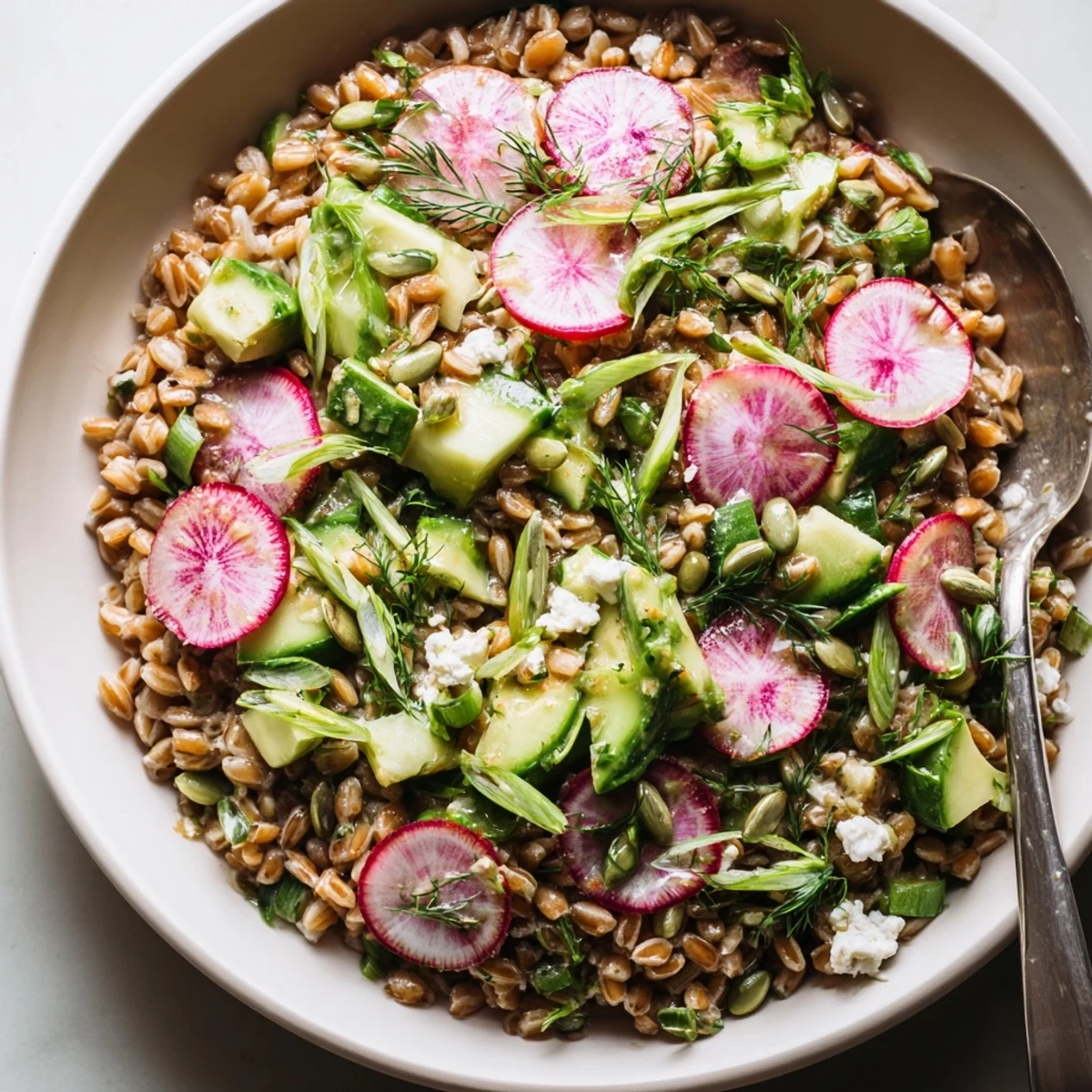 Citrus Herb Farro and Radish Bowl topped with sliced avocado, crumbled feta, toasted seeds.