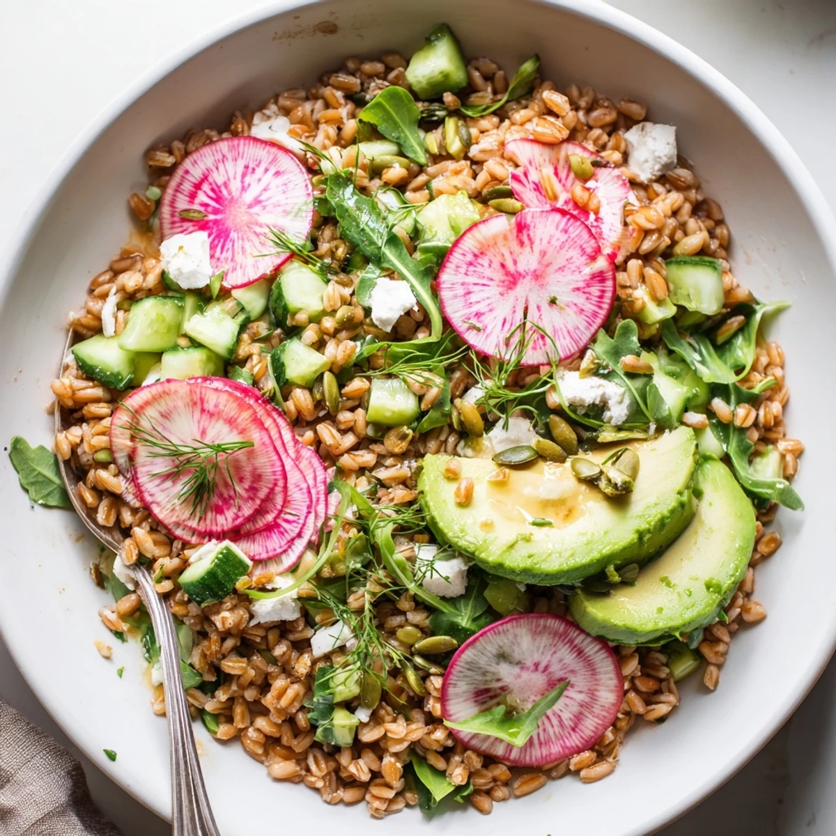 Bright Citrus Herb Farro and Radish Bowl with nutty grains and zesty dressing.