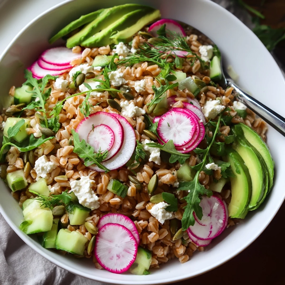 A chilled Citrus Herb Farro and Radish Bowl served with sparkling water for refreshment.