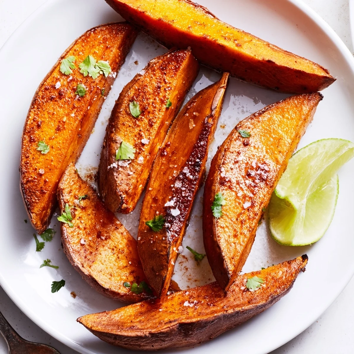 Smoky Roasted Sweet Potato Wedges with crispy edges, fluffy centers, herb garnish