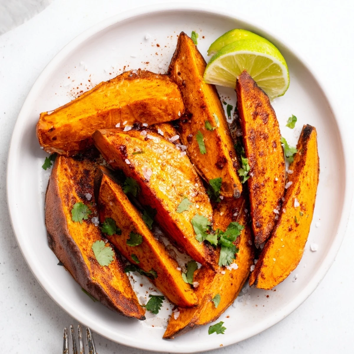Golden Smoky Roasted Sweet Potato Wedges piled on baking sheet, lime wedges