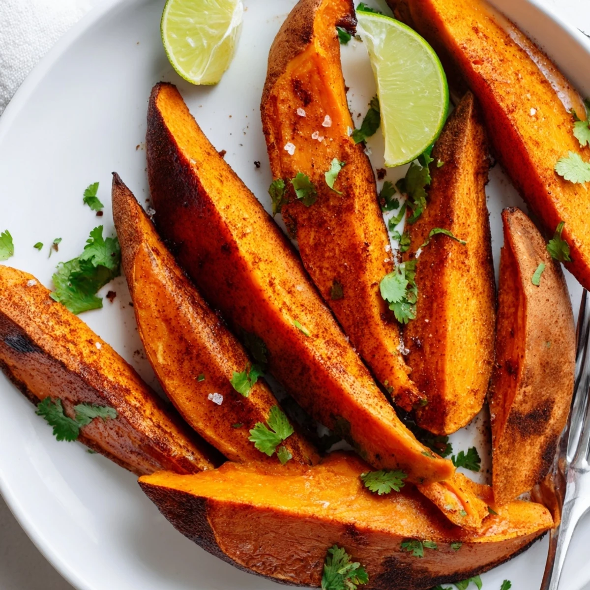 Warm bowl revealing Smoky Roasted Sweet Potato Wedges, spiced edges and tangy lime
