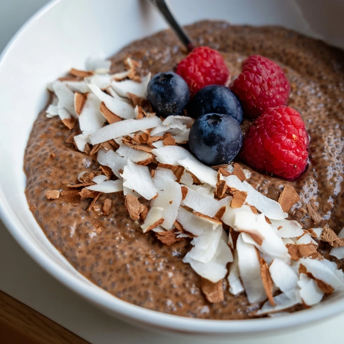 Cocoa Almond Coconut Chia Delight layered in glass, creamy chocolate, toasted almonds