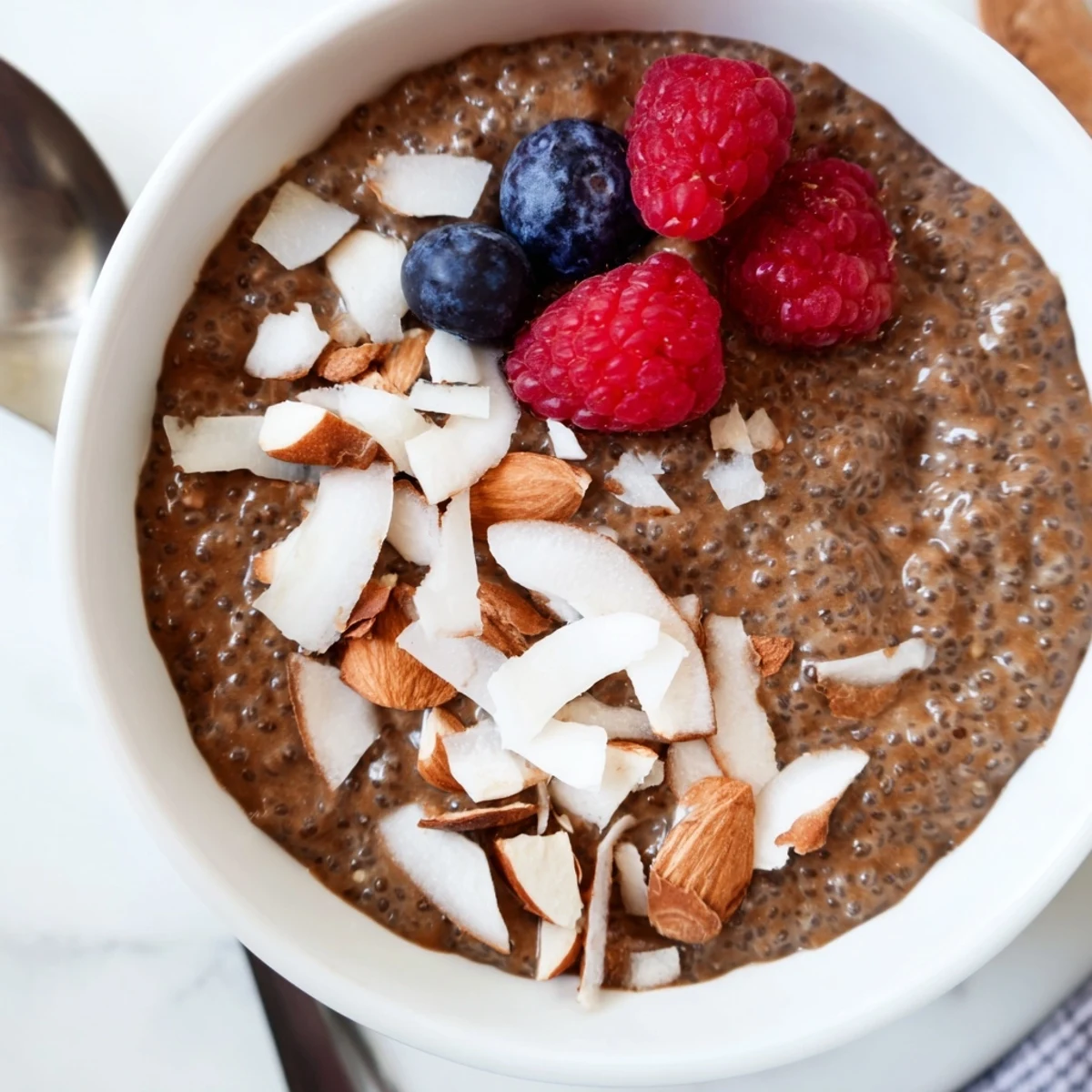 Rich Cocoa Almond Coconut Chia Delight chilled, velvety texture with coconut flakes