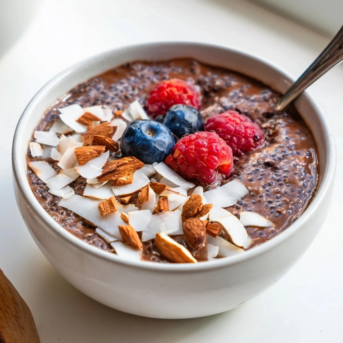 Cocoa Almond Coconut Chia Delight spooned into bowls, nutty crunch and berry garnish