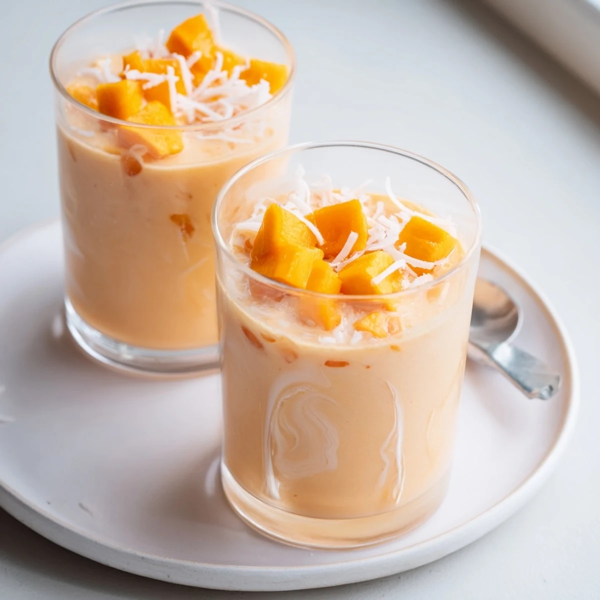 Papaya Mango Coconut Smoothie in tall glass, creamy orange pink swirl, shredded coconut garnish