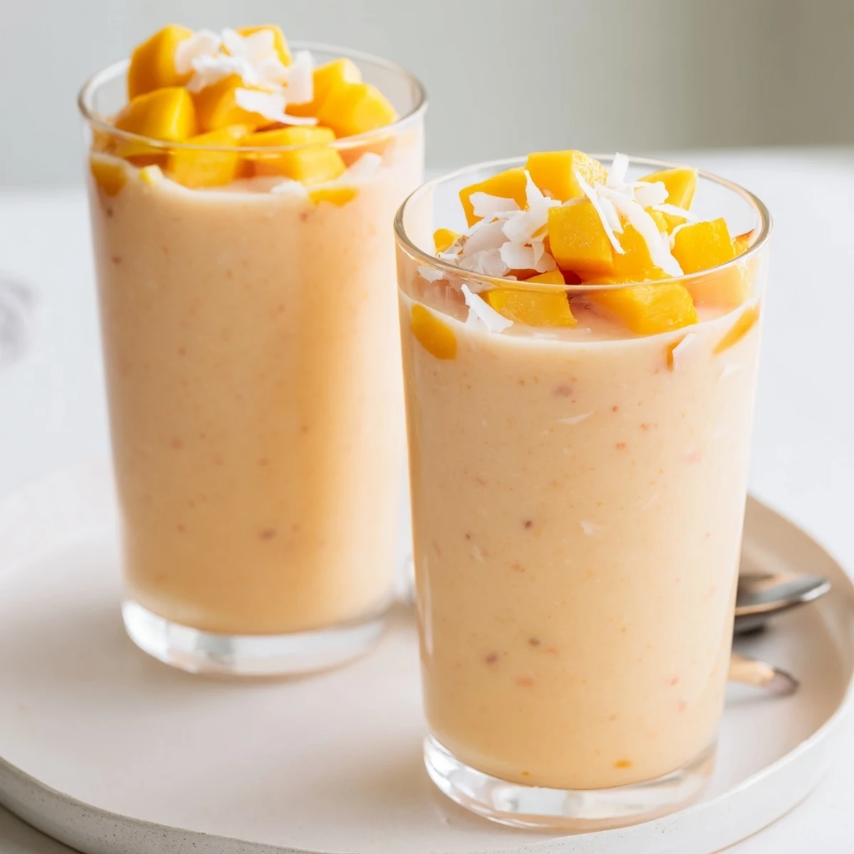 Chilled Papaya Mango Coconut Smoothie with tropical aroma, juicy mango and papaya