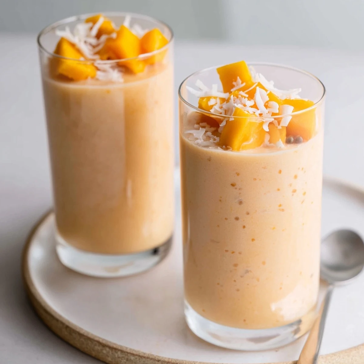 Bright Papaya Mango Coconut Smoothie served with lime wedge and toasted coconut