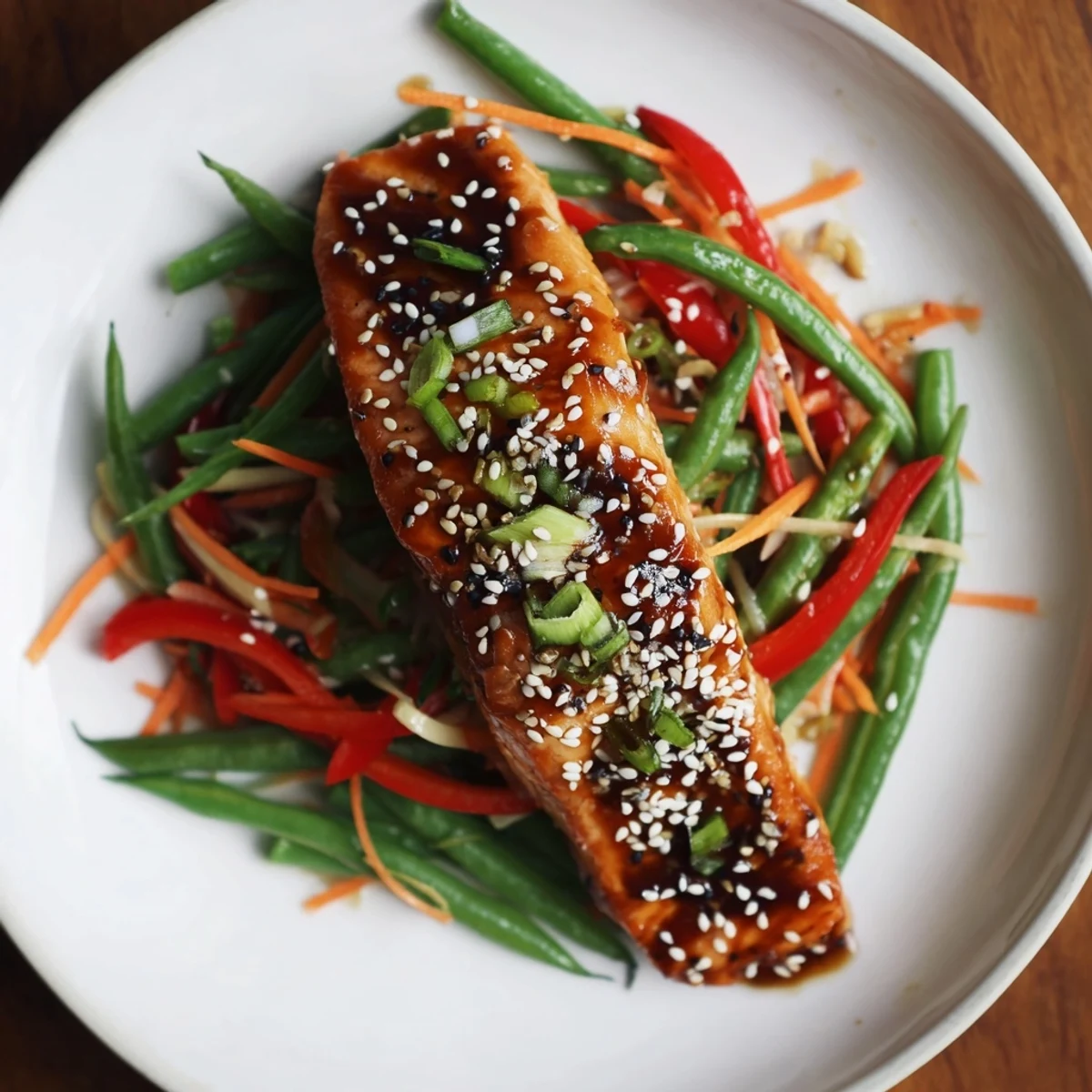 Miso Ginger Salmon With Sesame Green Bean Slaw, glazed flaky fillets over bright greens.