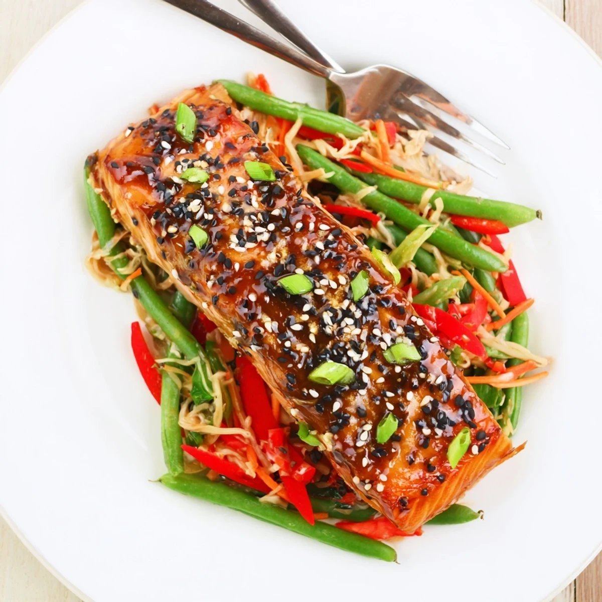 Bright Miso Ginger Salmon With Sesame Green Bean Slaw, crunchy beans, aromatic ginger.