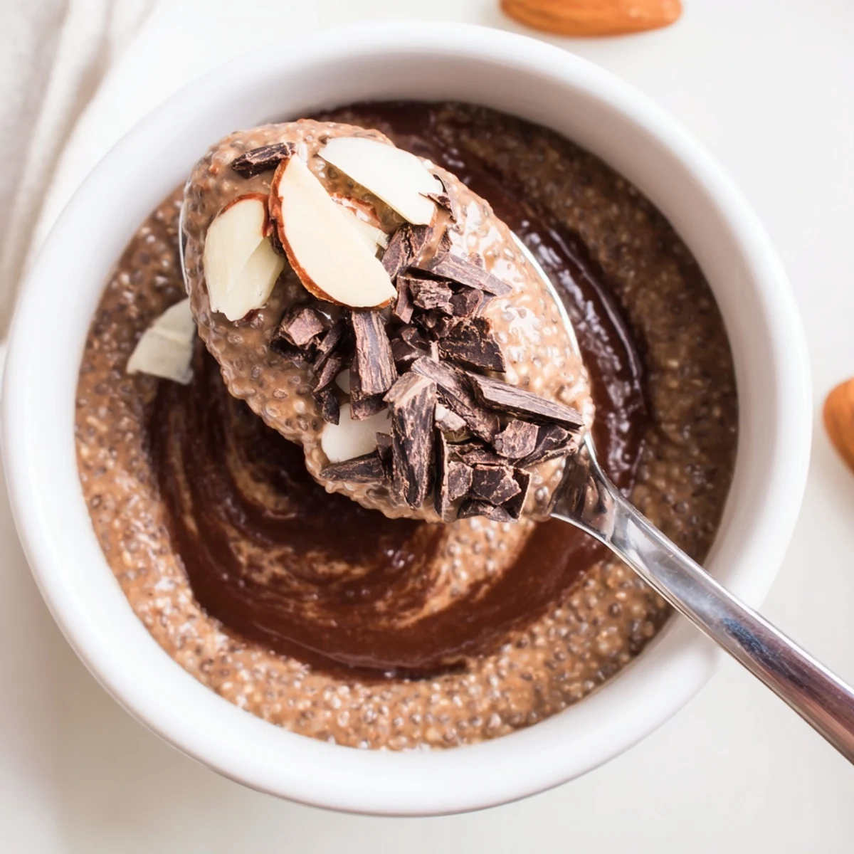 Chocolate Almond Coconut Protein Chia Cream layered in glass, chilled, creamy