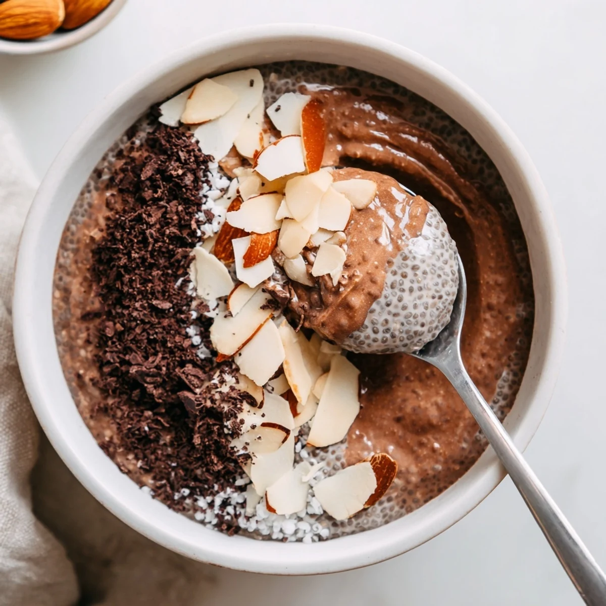 Chocolate Almond Coconut Protein Chia Cream spoonful showing velvety chocolate protein layer