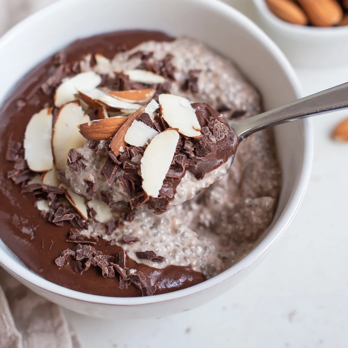 Chocolate Almond Coconut Protein Chia Cream topped with toasted almonds, coconut flakes