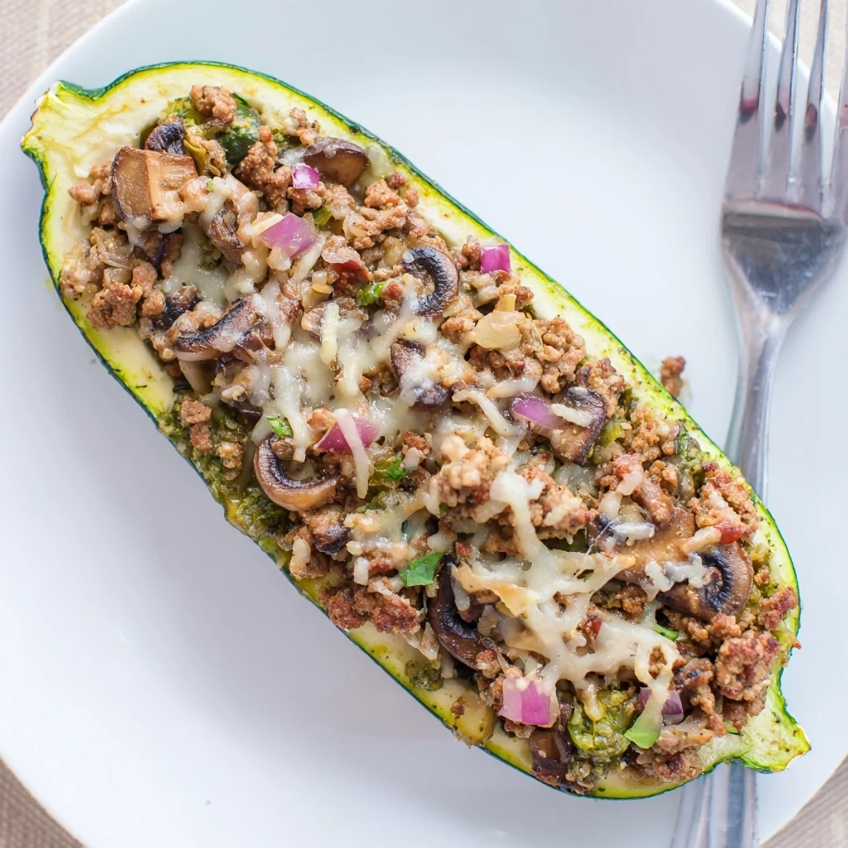 Pesto Turkey and Mushroom Zucchini Boats, golden bubbly cheese, fresh basil garnish.  