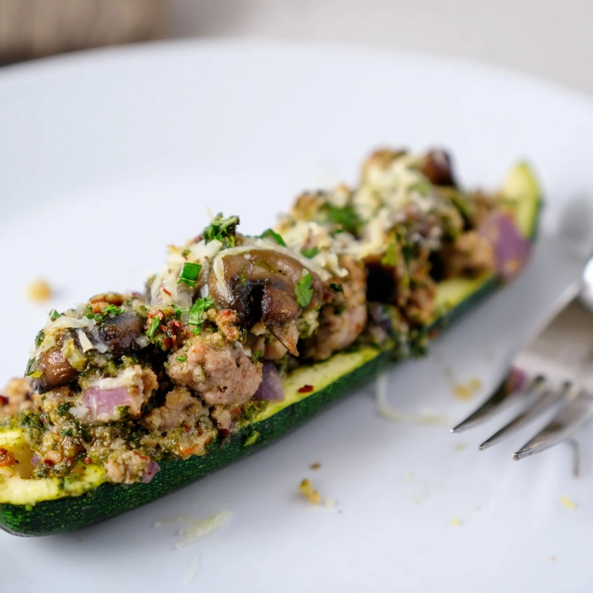 Oven baked Pesto Turkey and Mushroom Zucchini Boats with savory pesto aroma.  